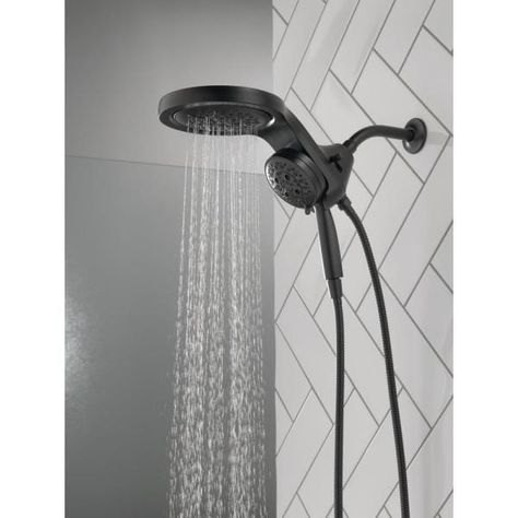 Delta HydroRain Two-in-One 5-Spray 6 in. Dual Wall Mount Fixed and Handheld H2Okinetic Shower Head in Matte Black-58680-BL25 - The Home Depot Detachable Shower Head, Shower Renovation, Shower Together, Navigation Design, Dual Shower Heads, Shower Fixtures, Water Waste, Delta Faucets, Black Shower