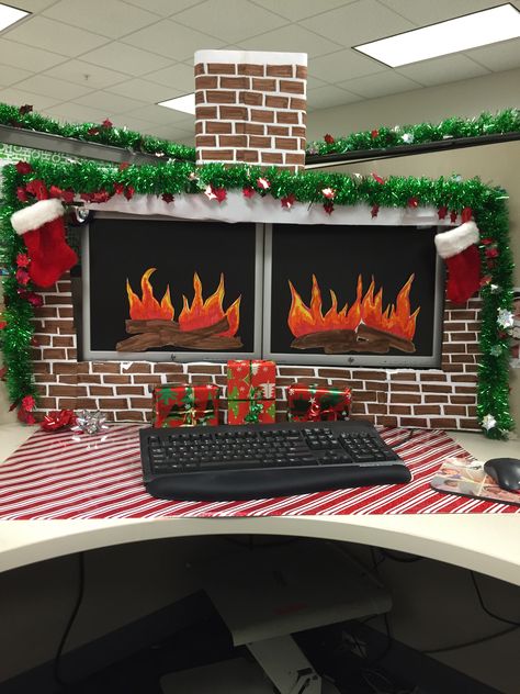 Christmas desk decorations. I have a pin out there without the chimney. I added the chimney today. Christmas Desk Decorations, Christmas Cubicle Decorations, Office Cubicle, Cubicle Decor, Diy Office, Cookie Pops, Office Christmas Decorations, Office Holiday, Office Desk Decor