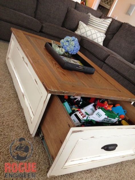 This tricked-out coffee table provides ample storage for all of your kids' toys — meaning when company knocks on your door without warning you can stash items in a dash. Diy Storage Coffee Table, Diy Hidden Storage Ideas, Build A Coffee Table, Storage Coffee Table, Diy Coffee Table, Diy Coffee, Diy Furniture Projects, Living Room Diy, Coffee Table With Storage