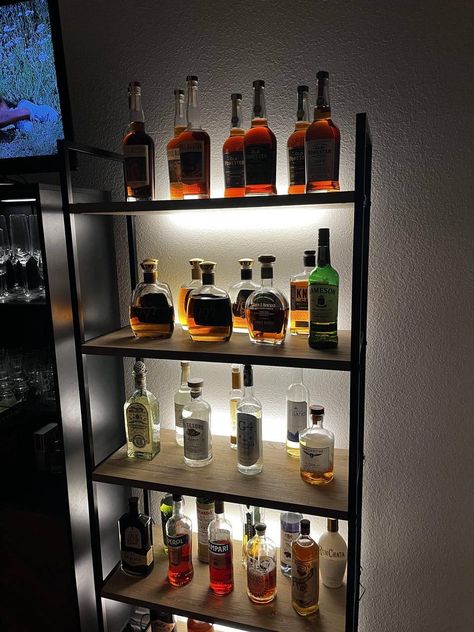 Your liquor collection will look a million times better with indirect lighting like this liquor collection on a shelf. 🤩 So cosy and inviting! 👌 Liquor Room, Liqour Bottles, Alcohol Decor, Liquor Storage, Bottle Display, Indirect Lighting, Standing Shelves, Basement Ideas, A Shelf