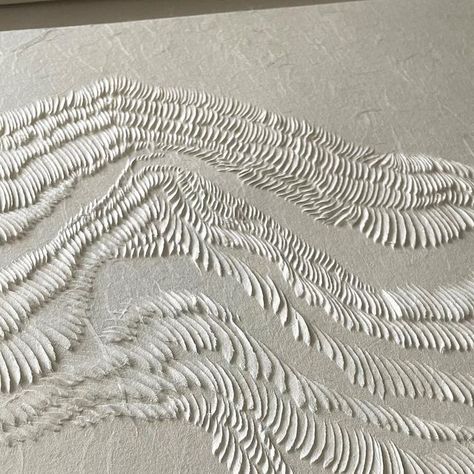 Paper Sculpture Art + Design Studio | Australia on Instagram: ". Paper sculpture on washi paper.  I tried several Japanese papers and my favorite  is this Premio Unryu by Awagami - it has unique fluffy texture and delicacy with swirling mulberry fibres running through for extra character.   This art piece has a very gentle presence  and was inspired by a running stream. Many elements of Wabi Sabi are here  including asymmetry, beauty of imperfect lines, organic shapes, stillness, calm atmosphere…  it does have quite an Asian flavour, do you think ?  I was always fascinated with beautiful Asian art referencing water and mountains and would love to craft some new art pieces on this theme some time." Paper Sculpture Art, Rough Paper Texture, Wabi Sabi Texture, Water Sculpture, Calm Atmosphere, Calm Art, Paper Art Sculpture, Paper Carving, Fluffy Texture