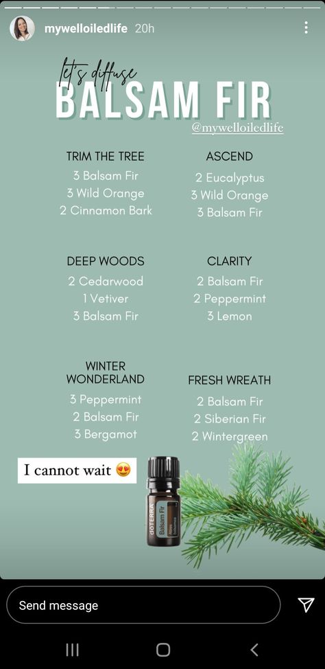 Fir Essential Oil Diffuser Blends, Fir Needle Diffuser Blend, Holiday Diffuser Blends, Winter Diffuser Blends, Fir Needle Essential Oil, Diffuser Scents, Oil Substitute, Essential Oil Usage, Doterra Recipes