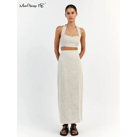 US $23.10 50％ Off | Mnealways18 Elegant Cotton Linen Skirts Sets Vacation 2023 Bandage Top Women High Waist Split Skirts Summer 2-Piece Skirts Sets Two Piece Long Dress, Linen Skirts, Long Skirt Suits, Bandage Top, Linen Design, Linen Crop Top, Linen Crops, Split Skirt, Long Midi Dress