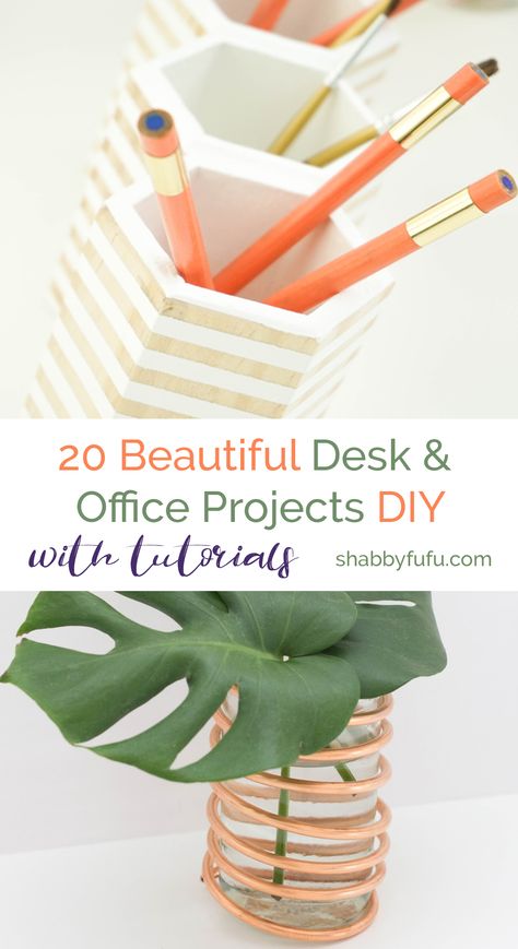 Take your desk from boring to beautiful with these DIY tutorials for office projects! You'll find desk organizers, pencil cups, trays and more in this post.  #officedecor #officeideas #officeorganization #officediyideas #homeofficeideas #officehacks #sff225 Diy Pen Holder Ideas, Desk Accesories, Diy Office Organization, Diy Desk Calendar, Diy Office Desk, Office Hacks, Office Diy, Desk Calendar Pad, Diy Pencil