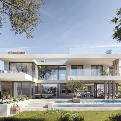 This contemporary villa for sale on the New Golden Mile, Estepona, has a perfect location, impressive architecture, stunning modern… | Instagram Kitchen With Island Design, Fireplace Lounge, Sunken Lounge, Bbq Areas, Modern Exteriors, Contemporary Beach House, Luxury Houses Mansions, Beach House Exterior, Contemporary Villa