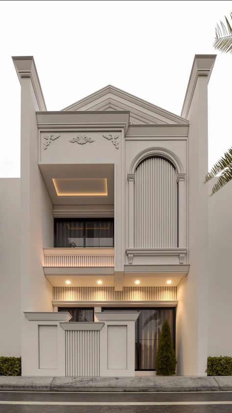 Roman Design Architecture, New Elevation Designs, Modern Roman Architecture, Classic Facade Architecture, Small House Exterior Design, Double Story House Elevation, Classic Building Facade, Classical Elevation Design, Classical Building Elevation