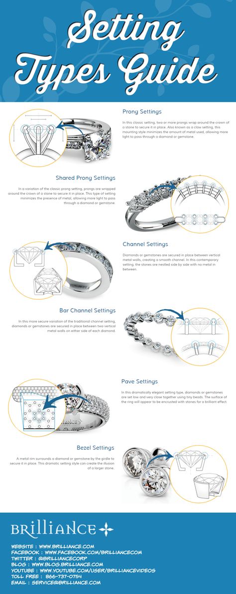 At Brilliance.com, our master jewelers use a variety of expert setting techniques to set and secure diamonds and gemstones in fine jewelry. When executed with precision and skill, a specific setting style can enhance the beauty and transform the look of a jewelry piece. For example, the classic prong setting gives a diamond greater prominence while reducing the appearance of the metal, while the contemporary bezel setting creates the illusion of a larger diamond and adds a more dramatic effect. Jewelry By Brand, Jewelry Knowledge, Jewelry Education, Jewelry Drawing, Jewellery Sketches, Jewelry Techniques, Diamond Settings, Contemporary Jewelry, Jewelry Tutorials