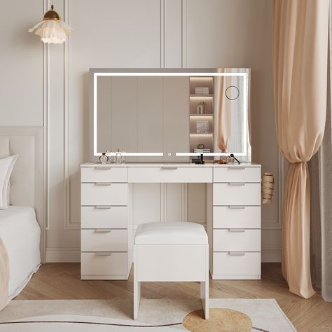 Get ready in style with our Vanity Table With Mirror. Perfect for your daily routine. Featuring a spacious tabletop and a large mirror, this vanity table will make getting ready a breeze. Stay organized with the multiple drawers and compartments, keeping all your beauty essentials within reach. White Vanity Desk With Mirror And Lights, Cute Bedroom Vanity, Beauty Vanity In Bedroom, Make Up Mirror With Light, Make Up Vanity Set Up, Vanity Desk With Mirror And Lights, Room Inspo Vanity, Cute Vanity Setups, Teenage Vanity