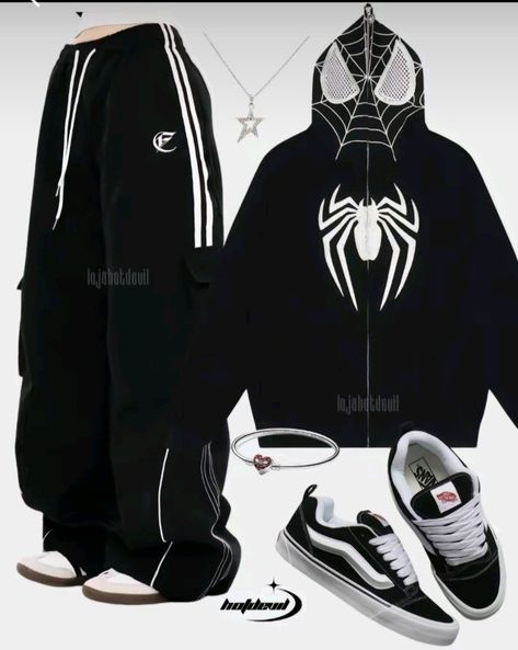 Villain Outfits Design, Spiderman Pants, Spiderman Clothes, Kpop Inspired Outfits, Baggy Outfit Ideas, Street Style Outfits Casual, Baggy Clothes, Trendy Outfits For Teens, Tomboy Outfits