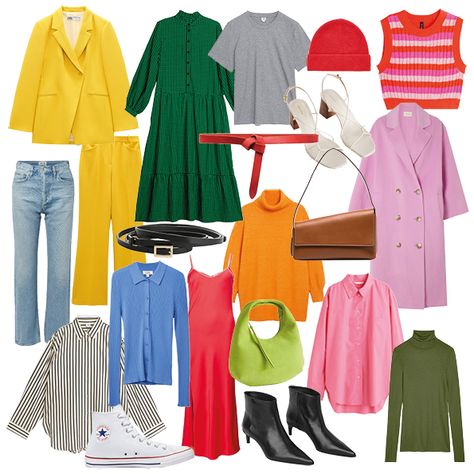 Colorful Capsule Wardrobe Summer, Colorful Work Capsule Wardrobe, Color Pop Outfit Ideas, Colourful Casual Outfits, Bold Capsule Wardrobe, Vibrant Capsule Wardrobe, Autumn Color Capsule Wardrobe, Colorful Spring Capsule Wardrobe, Rainbow Capsule Wardrobe