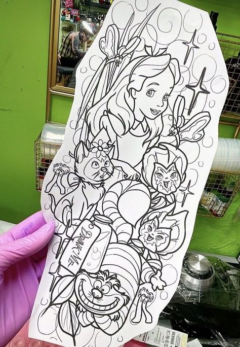 Alice In Wonderland Tattoo Stencil, Neotraditional Disney Tattoo, Disney Princess Tattoo Sleeve, Dark Alice In Wonderland Tattoo Ideas, Alice In Wonderland Flash Tattoo, Disney Flashsheets Tattoo, Dark Disney Tattoos, Alice In Wonderland Sleeve, Alice In Wonderland Tattoo Ideas