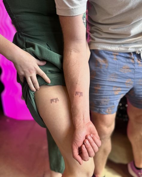 ❤️These two cuties had their first date on a Bench at @cruxfermentationproject where they talked all night and fell in love. Fast forward they have a cute 2 year old and they are GETTING MARRIED in 2 weeks. So they decided to get their bench tattooed on them forever. I love this stuff guys! This is the sweet stuff! #coupletattoos #matchingtattoo #tinytattoo #microtaattoo #finelinetattoo #singleneedletattoo #crux Bench Tattoo, Two Cuties, Single Needle Tattoo, Matching Tattoo, Fast Forward, Fine Line Tattoos, Couple Tattoos, Halsey, First Date