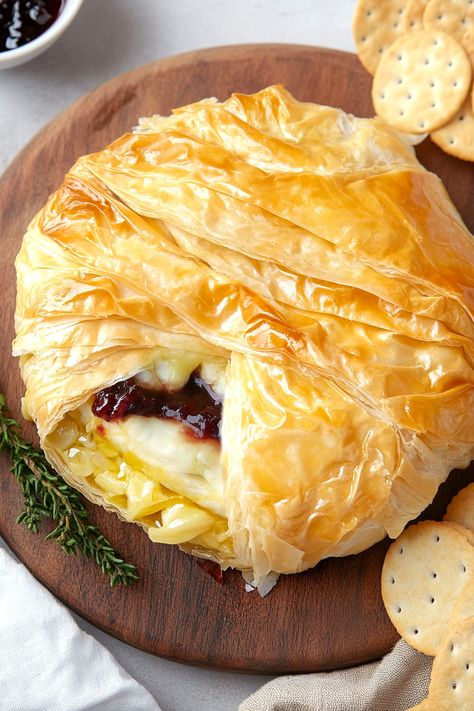 Brie In Phyllo Pastry, Baked Brie In Fillo Dough, Brie Filo Dough, Phyllo Dough Brie Recipes, Wrapped Baked Brie, Phyllo And Brie, Phyllo Dough Brie Cranberry, Crescent Roll Baked Brie, Phyllo Wrapped Brie