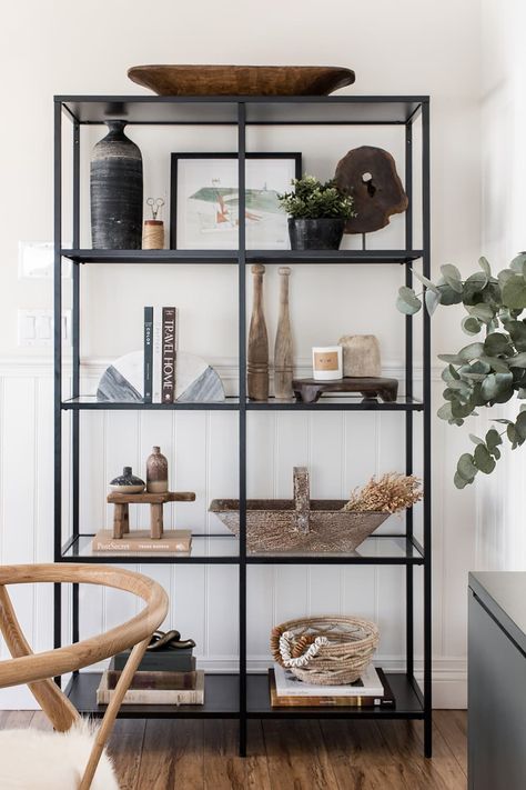 Styling An Etagere, Aesthetic Floating Shelves, Book Shelves Aesthetic, Floating Shelves Book, Shelving Unit Decor, Vittsjo Hack, Shelves Aesthetic, Rental Hacks, Ikea Vittsjo