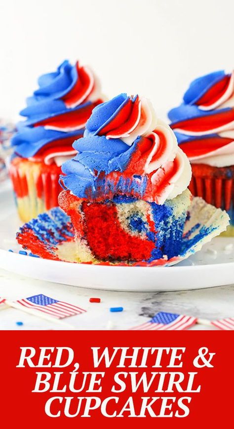 Memorial Day Cupcakes Ideas, Memorial Day Cupcakes, Blue Swirl Cupcakes, Easy July 4th Desserts, Rainbow Swirl Cake, July 4th Desserts, 4th Desserts, Cream Filled Cupcakes, Life Love And Sugar