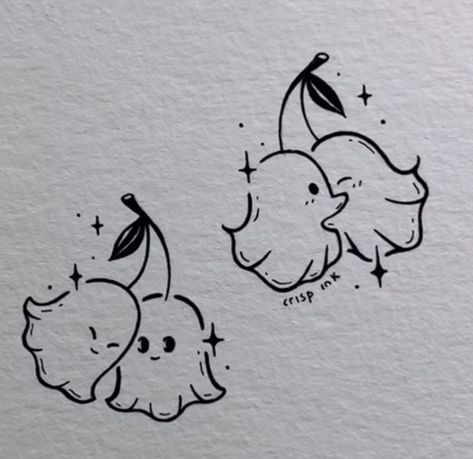 Cute Ghost Couple Tattoo, Ghost In A Bottle Tattoo, Spooky Simple Drawings, Angel Minimal Tattoo, Mini Ghost Tattoo Matching, Spooky Sketches Easy, Cute Halloween Flash Tattoo, Halloween Cute Tattoo, Cool Sketch Ideas Vintage