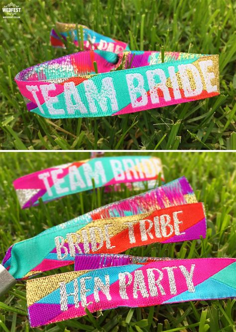 FESTIVAL BRIDES | Hen Party Festival Wristbands from Wedfest! Hendo Ideas, Festival Wristbands, Coachella Theme, Coachella Birthday, Festival Themed Party, Party Wristbands, Bachelorette Party Accessories, Coachella Party, Festival Themed Wedding