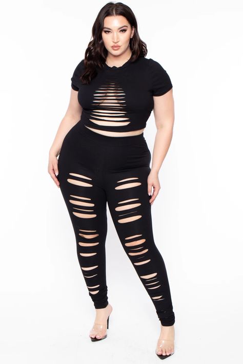 Plus Size Distressed Legging & Crop Top Set - Black– Curvy Sense Distressed Leggings, Rave Festival Outfits, Dark Summer, Clothing Tips, Night Fashion, Affordable Plus Size Clothing, Spring Styles, Crop Top Set, Knit Bodysuit