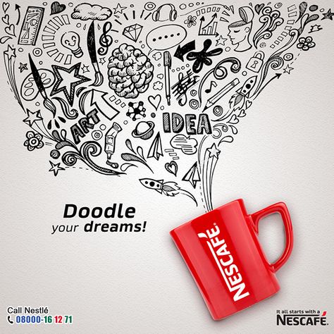 Doodle Art Advertising, Brand Advertising Poster, Coffee Advertisement Poster, Advertisement Drawing Ideas, Nescafe Advertisement Poster, Doodle Poster Design, Creative Advertising Design Graphics, Doodle Advertising, Nescafe Ads