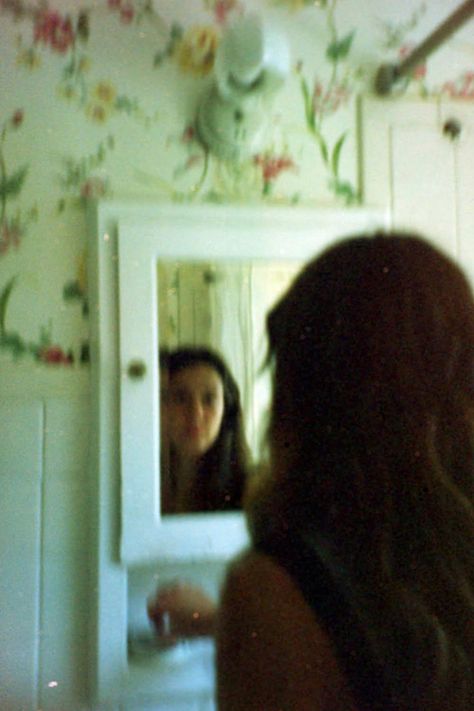 Expired Film Photography, Ace Mcshane, Girl Looking In Mirror, Look In Mirror, Looking Into Mirror, Party Bathroom, Makeup Film, Looking In Mirror, Bathroom Scene