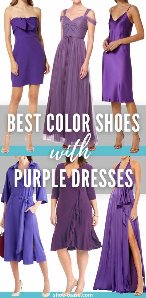 Purple Prom Dress Accessories, Dark Purple Dress Accessories, Wedding Guest Outfit Purple, Purple Wedding Outfits For Guest, Purple Satin Dress Outfit, Mauve Dress Outfit Wedding, Light Purple Dress Outfit, Dark Purple Outfit Ideas, Purple Dress Heels