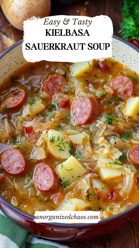 Kielbasa Sauerkraut Soup Saurkraut Recipes Soup, Cabbage Sausage Soup Kielbasa, Sauerkraut And Sausage Soup, Pork And Sauerkraut Soup, Sauerkraut Meal Ideas, Sausage Sauerkraut Soup, Polish Sauerkraut Soup, Sourkraut And Sausage Recipes, Soup With Smoked Sausage Recipes