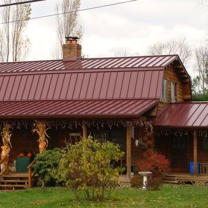 Exterior metal roof Design Ideas, Pictures, Remodel and Decor Burgundy Metal Roof, Cabin Contemporary, Bunkhouse Ideas, Cabin Colors, Cabin Addition, Alaska Cabin, Red Roof House, Cabin Remodel, Metal Roof Colors