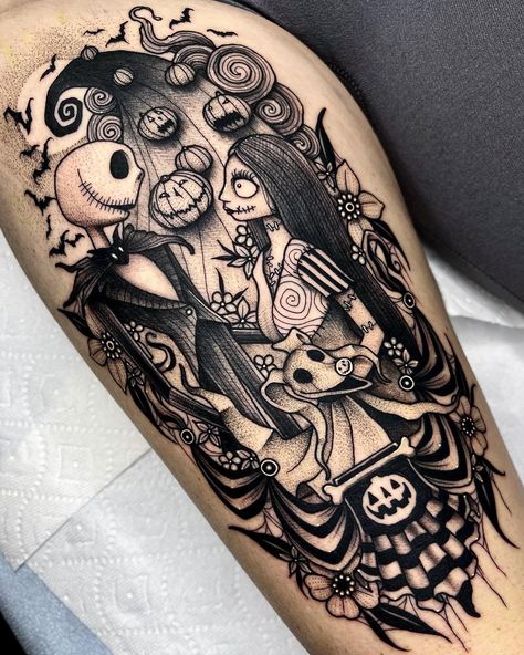 Nightmare Before Christmas Back Tattoo, Lock Shock And Barrel Silhouette, Sally Tattoo Nightmare Before Christmas, Jack And Sally Tattoo Design, Nbc Tattoo Nightmare Before Christmas, Jack Skellington And Sally Tattoo, Disney Arm Tattoo, Bettle Juice Tattoos, Jack Sally Tattoo