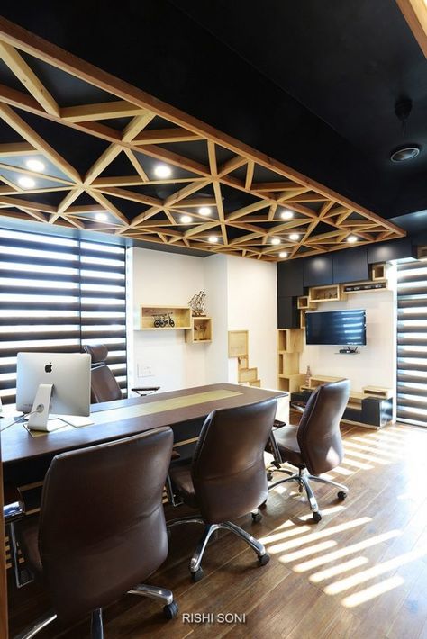 Office Decor That Exuberates A Taste For Swanky Interiors | Rishi Design Studio - The Architects Diary Office Ceiling Ideas, Office Ceiling Design, Office Cabin Design, Small Office Design Interior, Meeting Room Design, Office Ceiling, Small Office Design, Office Interior Design Modern, Modern Office Interiors