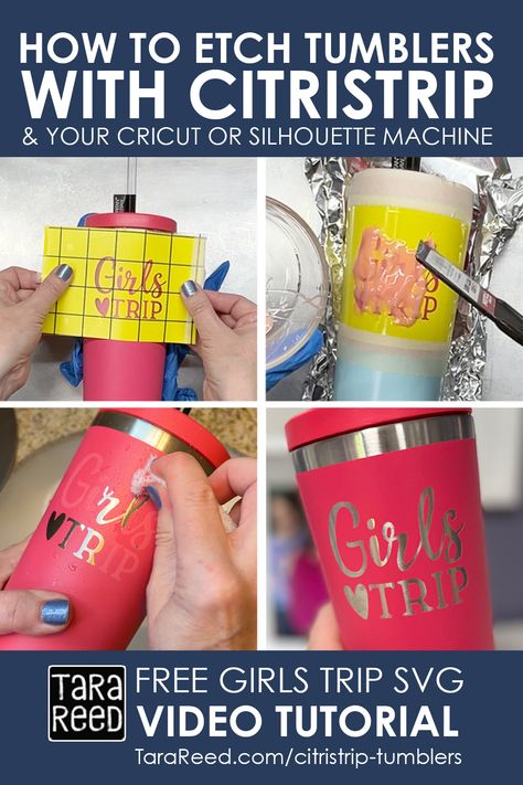 Tumbler Ideas DIY - How to Etch Tumblers with CitriStrip. Use your Cricut or Silhouette to make a template and learn how easy it is to expose the stainless steel from a powder coated tumbler. Video Tutorial and photos Tumbler Ideas Diy, Glass Etching Diy, Etching Diy, Tara Reed, Powder Coated Tumblers, Vinyl Tumblers, Cricut Projects Beginner, Custom Tumbler Cups, Tumbler Cups Diy