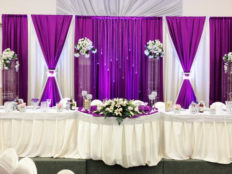 This is gorgeous! Love the purple Backdrop Purple, Wedding Draping, Simple Beach Wedding, Rustic Wedding Decorations, Wedding Backdrop Design, Purple Hearts, Bridal Table, Purple Decor, Pipe And Drape