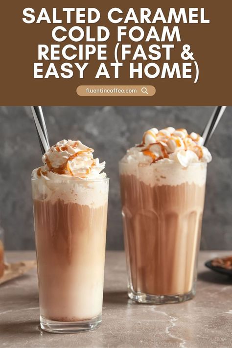 Recreate café-quality Salted Caramel Cream Cold Brew with this Caramel Cold Foam recipe! It’s one of the best Flavored Coffee Recipes for Homemade Coffee Drinks and a must-try Copycat Drink Recipe for caramel lovers. Coffee Foam Recipe, Caramel Cold Foam Recipe, Salted Caramel Coffee Recipe, Salted Caramel Cream Cold Brew, Salted Caramel Cold Foam, Caramel Cream Cold Brew, Caramel Cold Foam, Caramel Coffee Drinks, Caramel Coffee Recipe