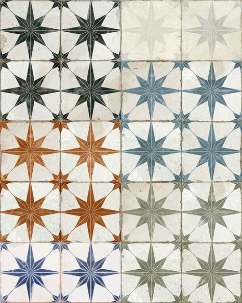 Have a fantastic fireworks night! 🎇✨🧨 These beautiful star pattern tiles have a grid scored in their surface, so when they are grouted each tile looks like four separate tiles. Star Backsplash, Star Tiles, Colourful Tiles, Fireworks Night, Star Tile, Pattern Tiles, Merch Ideas, Colourful Tile, Tiles Design