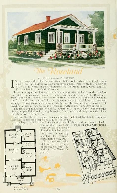 Aladdin Homes -1920 - The Roseland - archive.org 1920 House Exterior, 1940s House Exterior, 1920s House Exterior, 40s House, Sears House Plans, Sears Catalog Homes, Small Houseplans, 1920 House, 1940s House