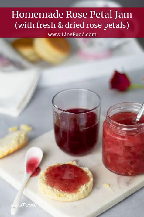 Easy homemade rose petal jam recipe made with just a handful of ingredients. Can be used as a spread or a topping for puddings and desserts. #homemade, #ediblerose, #linsfood Rose Petal Jelly Recipe, Quick Puddings, Fruit Jam Recipes, Rose Petal Jam, Rose Jam, Desserts Homemade, Lebanese Desserts, Seasoning Blends, Dried Roses