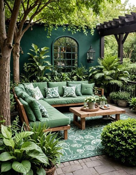 Large Patio Garden Ideas, Green House Decor Ideas, Green Patio, Cozy Garden, Courtyard Gardens Design, Outdoor Patio Designs, Cozy Patio, Outside Patio, Outdoor Living Room