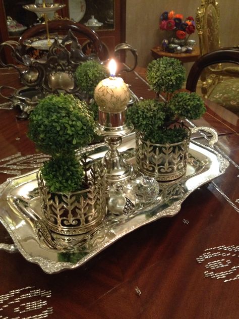 Silver Antique Silver Tray Decor Ideas, How To Style A Silver Tray, Silver Tray Centerpiece, Christmas Table Tray, Table Tray Decor, Boho Apartment Decor, Boho Apartment, Silver Display, Silver Platters