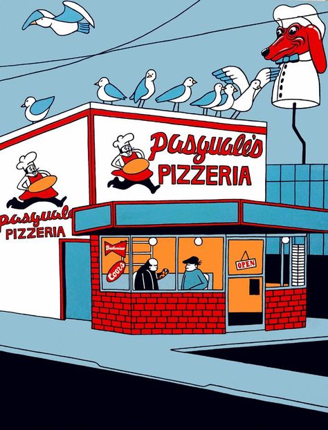 Everyday art by Bay Area artist Emily Fromm. This piece features two San Francisco landmarks: 'Pasquale's' (with Doggie Diner head - 2016). Storefront Signs, Logo Number, Everyday Art, Studio Gallery, Illustration Painting, Art Installations, Bay Area, Installation Art, San Francisco