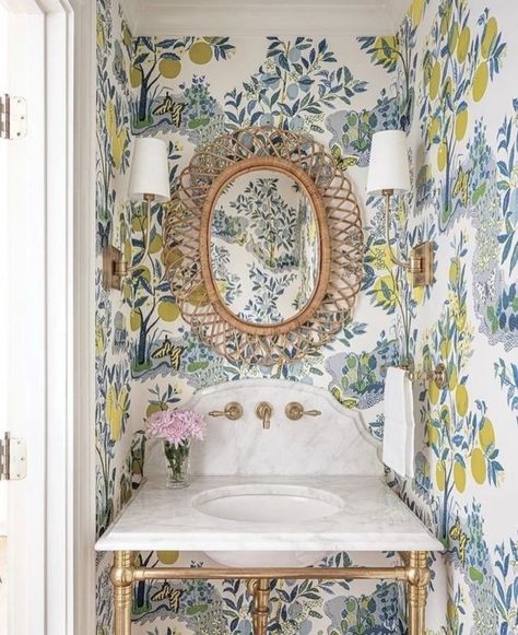 blythcollinsoninteriors Transitional Powder Room, Interior Door Colors, Small Bathroom Wallpaper, Schumacher Wallpaper, The World Of Interiors, Powder Room Design, Bird Wallpaper, Bathroom Wallpaper, Vintage Mirror