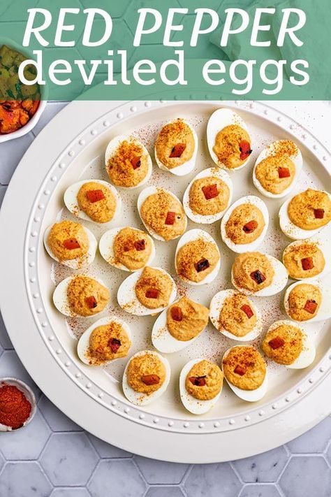 These roasted red pepper deviled eggs are a delightful twist on the classic. The red pepper gives the filling a smoky, slightly sweet flavor. #eggs #eggrecipes #deviledeggs #hardboiledeggs #esterrecipes #easterappetizers #appetizers #instantpotrecipes #robustrecipes Roasted Red Pepper Deviled Eggs, Cooking Hard Boiled Eggs, Roasted Red Pepper Dip, Making Hard Boiled Eggs, Best Brunch Recipes, Deviled Eggs Easy, Roasted Red Pepper Hummus, Easter Appetizers, Classic Appetizers