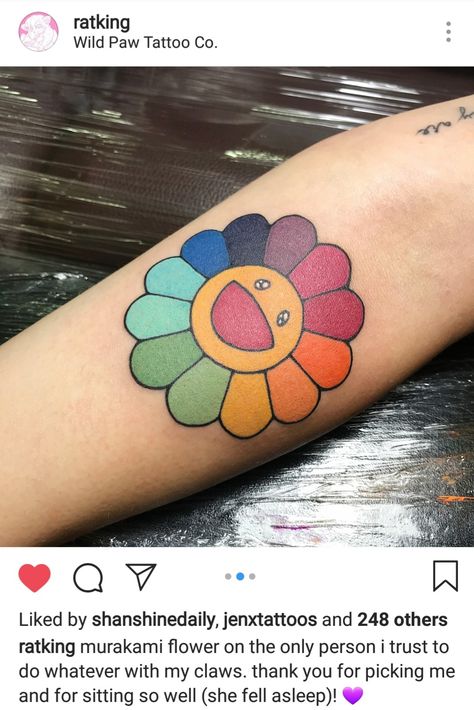 So in love with the vibrant colors! Mario Flower Tattoo, Murakami Tattoo Ideas, Takashi Murakami Flower Tattoo, Takashi Murakami Tattoo, Rainbow Flower Tattoo, Murakami Flower Tattoo, Murakami Tattoo, Baddie Tattoos, Flor Tattoo