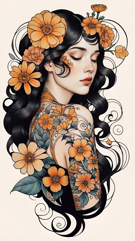 Art Nouveau Woman Tattoo, Art Noveau Tattoos Women, Butterfly Lady Tattoo, Neotrad Flowers, Hannah Flowers, Traditional Tattoo Designs, Art Nouveau Illustration, Geisha Art, Fantasy Wall Art