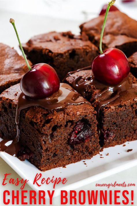 These easy double-fudge cherry brownies are the best! I recommend using Double Chocolate Ghirardelli brownie mixes for this dessert because they are delicious and have chocolate chips added to the mix. You'll also need one can of cherry pie filling. These cherry chocolate brownies, aka black forest brownies, will have everyone wanting a second piece. Bake them to perfection and allow them to cool completely before serving. Enjoy!

// cherry brownies // cherry pie filling // easy recipe // Cherry Brownies, Cherry Bars, Roasted Cherry, Chocolate Covered Cherries, Cherry Recipes, Cherry Pie Filling, Köstliche Desserts, Brownie Cookies, Chocolate Cherry