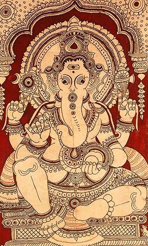 ancient asexual reproduction of Ganesha by Parvati (consort of Shiva) - ...taking the turmeric paste (for bathing) from her body and breathing life into it, she created Ganesha, declaring him to be her own loyal son. ..Furious, Shiva ordered his army to destroy the boy, but they all failed! (note similarity to Greek myths) Kalam Kari, Indian Motifs, Divine Masculine, Kalamkari Painting, Spiritual Images, Kerala Mural Painting, Shri Ganesh, Ganesh Art, Puja Room