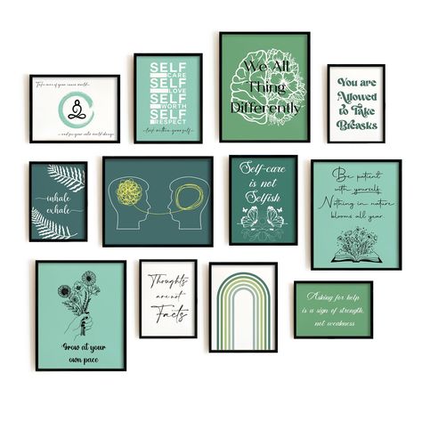 PRICES MAY VARY. 🖼️ [READY TO BE FRAMED]: This set offers 12 mental health posters in a variety of sizes - 4pcs 8"x10", 4pcs 6"x8", and 4pcs 5"x7", allowing you to effortlessly integrate them into your existing decor. 🏡 [ELEVATE HOME SPACE]: Transform your living space with these Boho Mental Health Posters, designed to create a calming and nurturing atmosphere that supports mental well-being. 🎨 [HIGH QUALITY ART WORK]: Crafted with precision, each poster reflects superior craftsmanship, ensur Office Decor Emerald Green, Calm Office Space Decor, Social Work Office Decor Wall Art, Office Decor Themes Work Spaces, Special Education Office Decor, Case Manager Office Decor, Mental Health Wall Decor, Counselling Room Decor, How To Decorate Your Office At Work