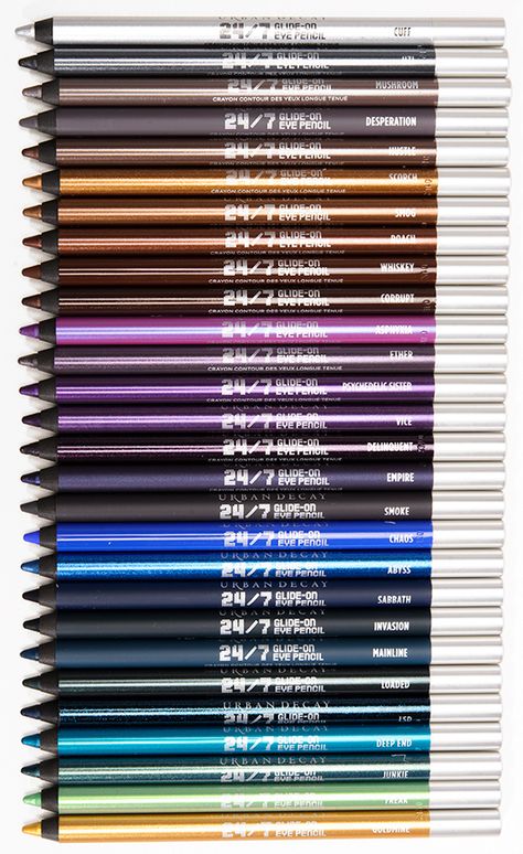 Urban Decay 24/7 Glide-On Eye Pencils Urban Decay Eyeliner, Ogx Hair Products, Penyimpanan Makeup, Eye Pencils, Fashion Catwalk, Urban Decay Cosmetics, Best Eyeliner, Urban Decay Makeup, Pretty Colors