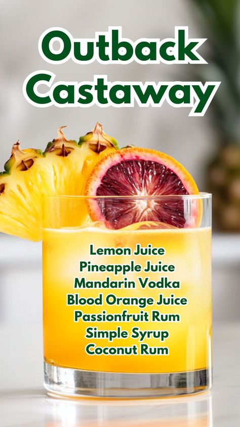 Outback Castaway Coconut Rum Cocktails, Lemon Margarita, Blood Orange Cocktail, Orange Cocktails, Blood Orange Juice, Yummy Alcoholic Drinks, Pineapple Rum, Summertime Drinks, Best Cocktail Recipes