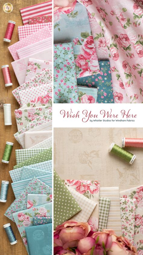 Available May 2023 Wish You Were Here from Windham Fabrics by Whistler Studios is a vintage inspired quilt fabric collection consisting of many traditional prints of stripes, polka dots, gingham, roses, and more in lovely shades such as pink, blue, green, cream, and white. Get this fabric by the yard, in fat quarter sets, 5" squares, 10" squares, or 2 1/2" strips. Fabric Collections For Quilting, Shabby Fabrics Projects, Moda Fabric Collections, Moda Fabric Quilts, Shabby Chic Quilts, Traditional Prints, Fun Fabrics, Shabby Chic Fabric, Farmhouse Fabric