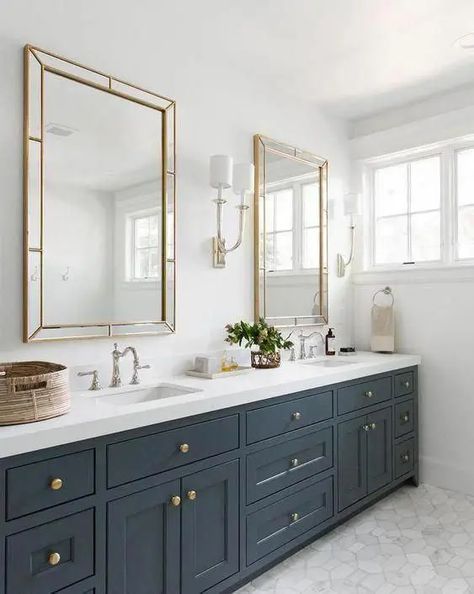 an elegant graphite grey farmhouse bathroom with a double sink and mirror, with a basket for storage Grey Bathroom Cabinets, Large Bathrooms, Plywood Furniture, Blue Bathroom, Rustic Bathroom, Bathroom Remodel Master, White Bathroom, Diy Bathroom, Remodel Ideas