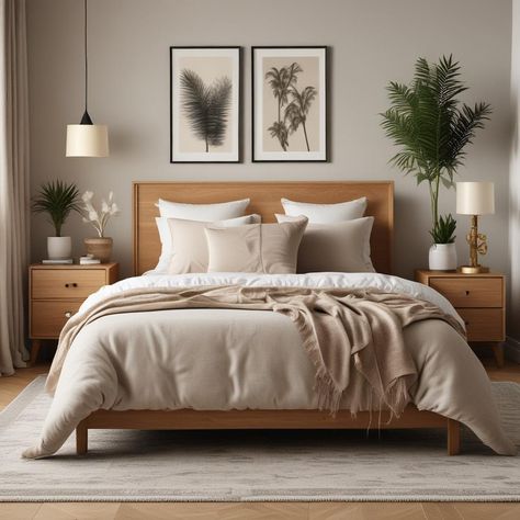 Beige And White Bedding, Light Wooden Bed, Wooden Bedside Tables, Light Wood Bed, Nature House, Bedroom Vibes, Textured Rug, Plain Wall, Wooden Bedside Table